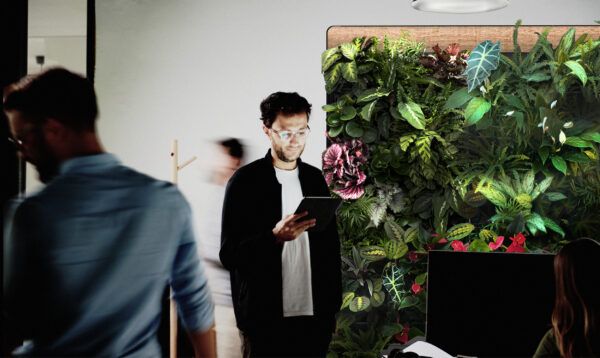 Man on an iPad with a living wall behind him.